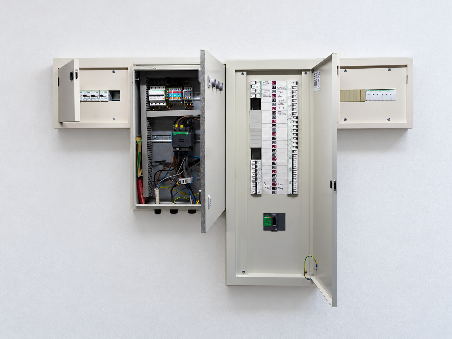 All four panel doors open, showing the incoming monitoring and contactor panel, main circuit breakers and smaller essential-supply and lighting-control panels